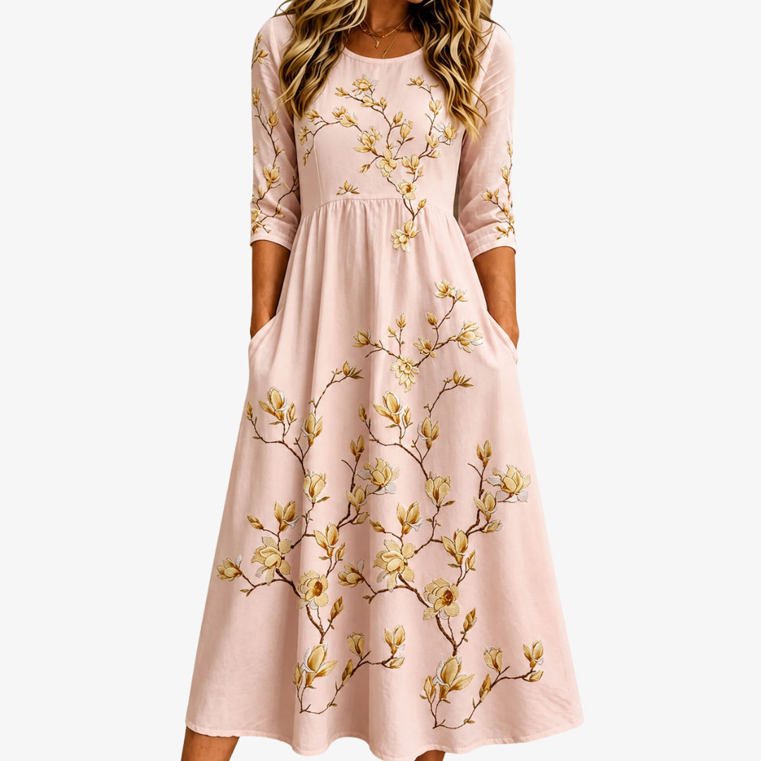 Vestido Midi Golden Magnolia Bloom — Teresa Ramírez Moda