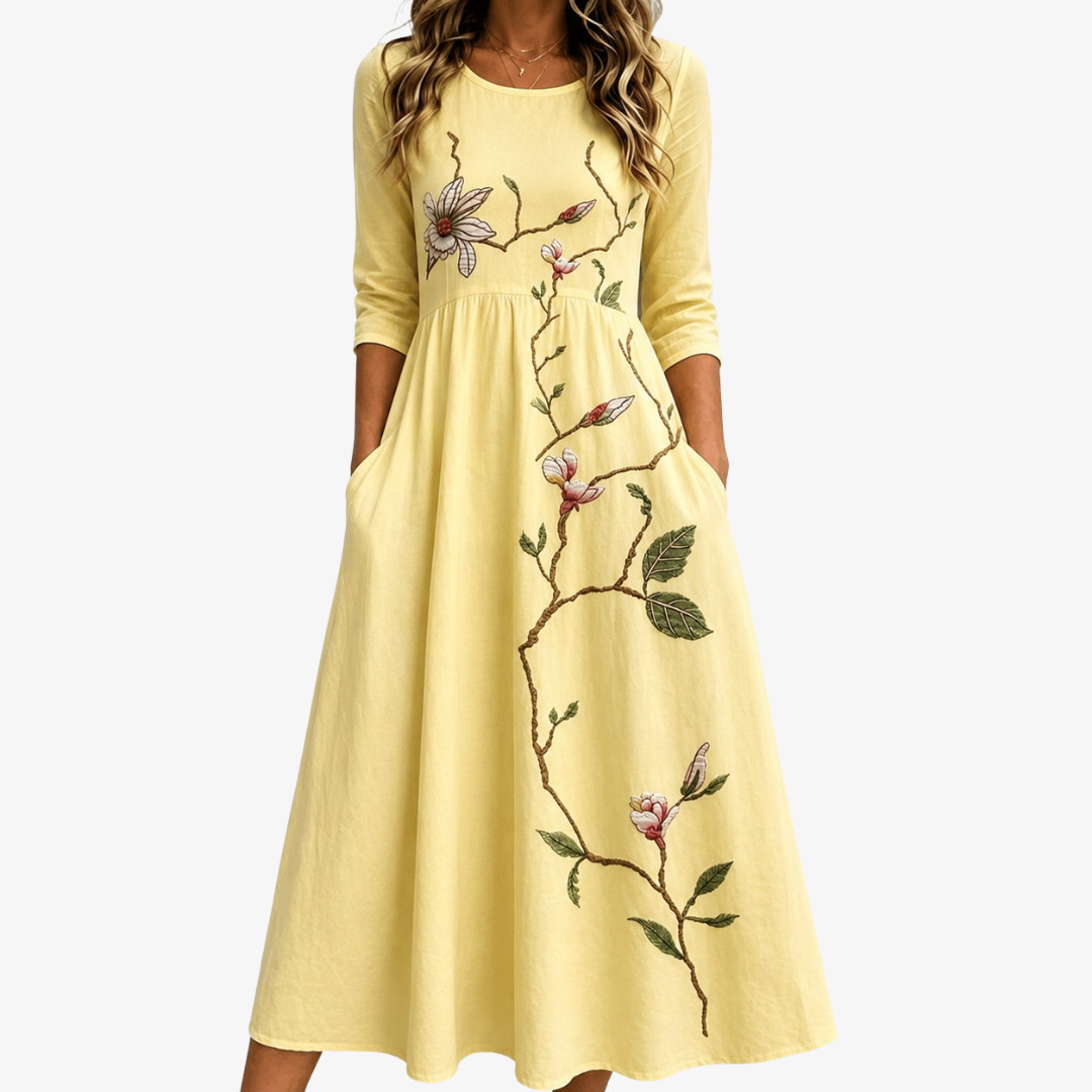 Vestido Midi Golden Blossom Pocket — Teresa Ramírez Moda