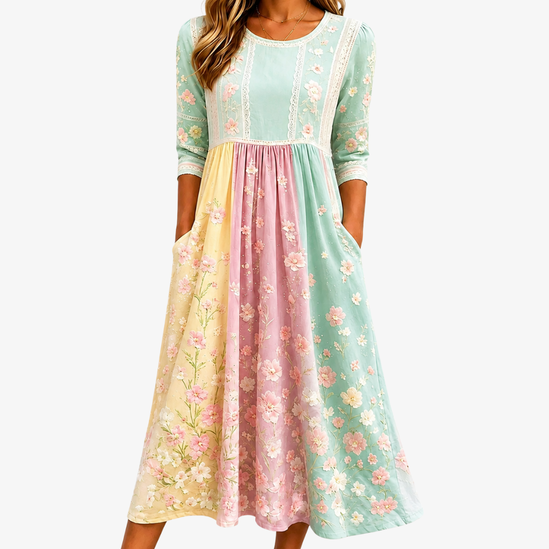 Vestido Midi Blossom Patchwork Pocket Primavera — Teresa Ramírez Moda