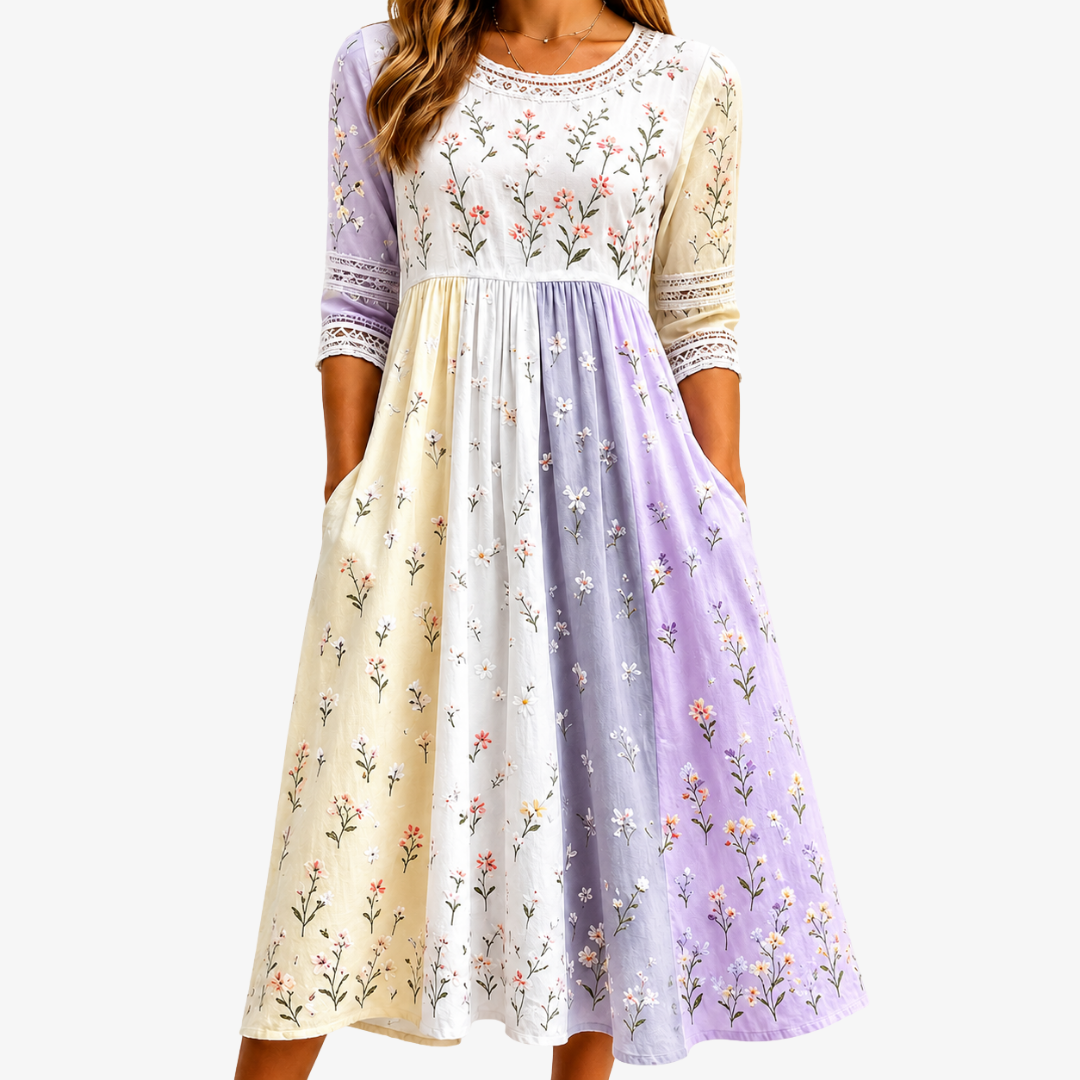 Vestido Midi Lavender Meadow Patchwork — Teresa Ramírez Moda