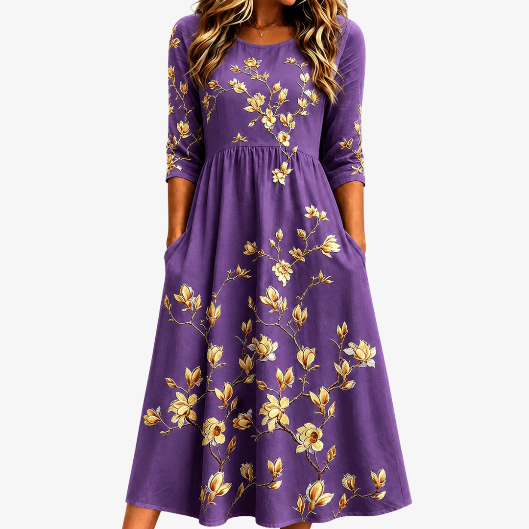 Vestido Midi Golden Magnolia Charm — Teresa Ramírez Moda