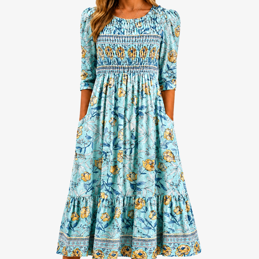 Vestido Midi Golden Bloom Smocked — Teresa Ramírez Moda