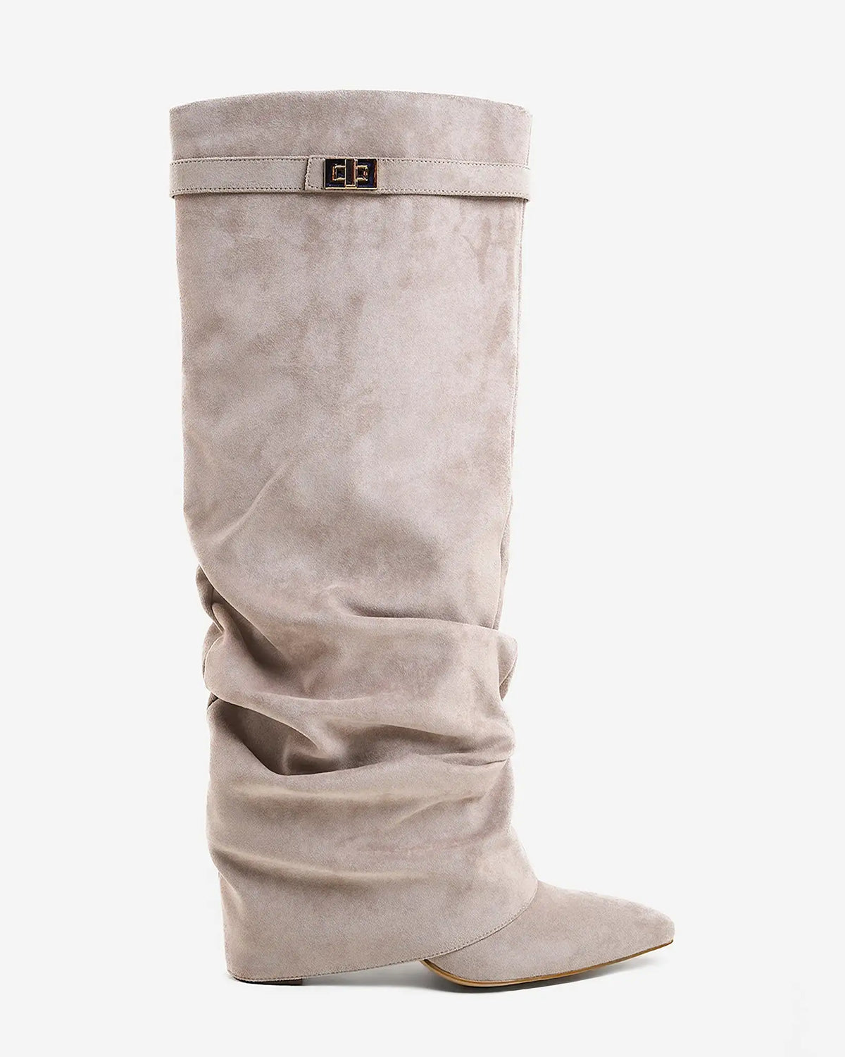 Carla – Botas altas de ante con hebilla dorada · Topo