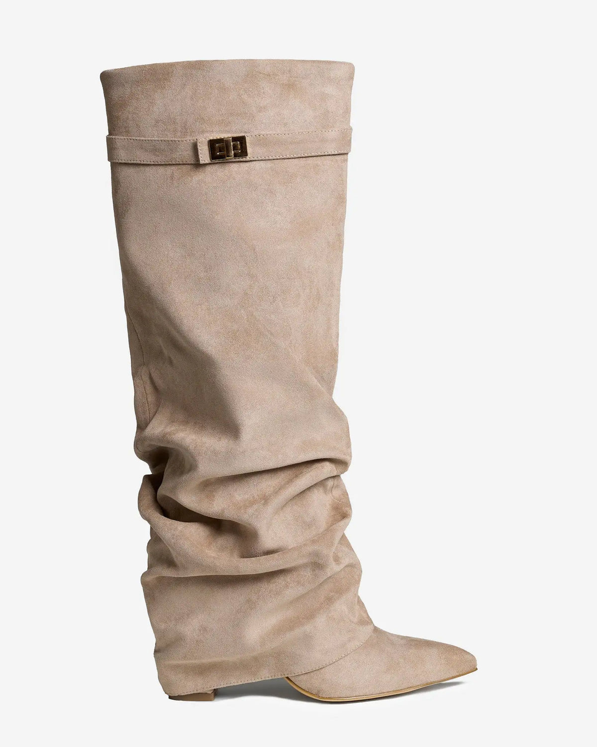 Lucía – Botas altas de ante con hebilla dorada · Beige