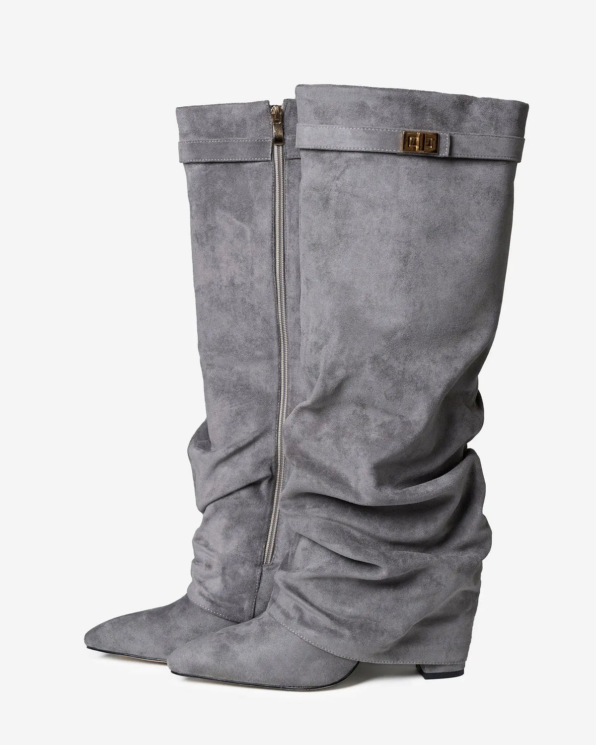 Paula – Botas altas de ante con hebilla dorada · Gris