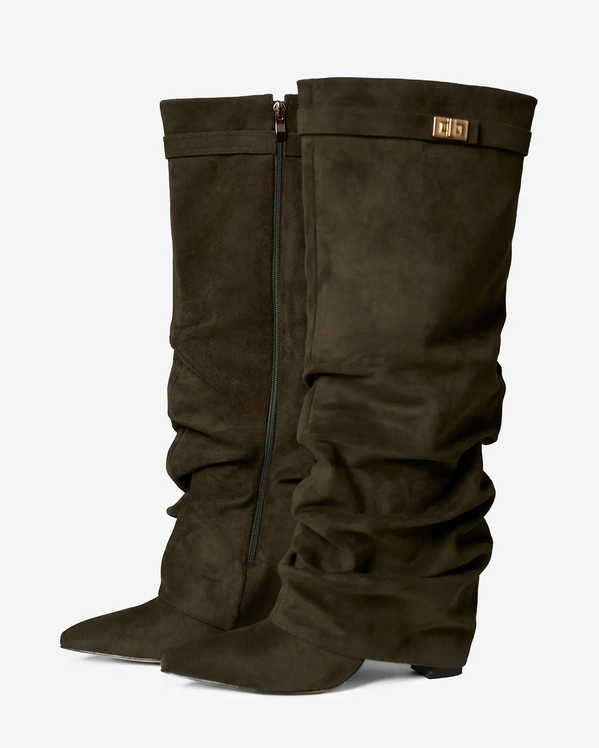 Alma – Botas altas de ante con hebilla dorada · Verde oliva