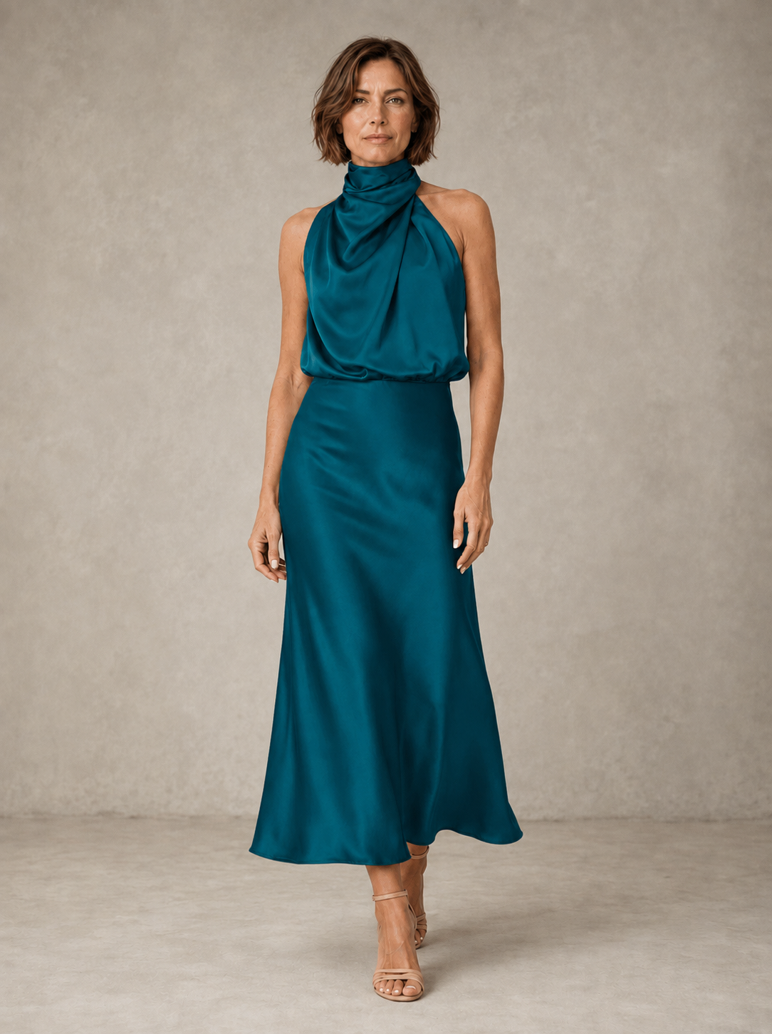 Vestido Largo Harper de Satín Cuello Halter — Teresa Ramírez Moda