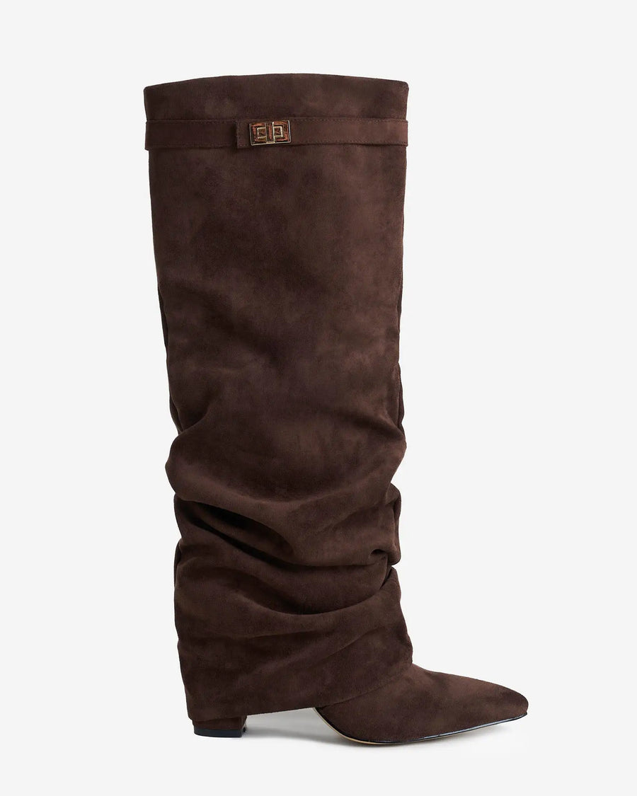 Martina – Botas altas de ante con hebilla dorada · Marrón oscuro