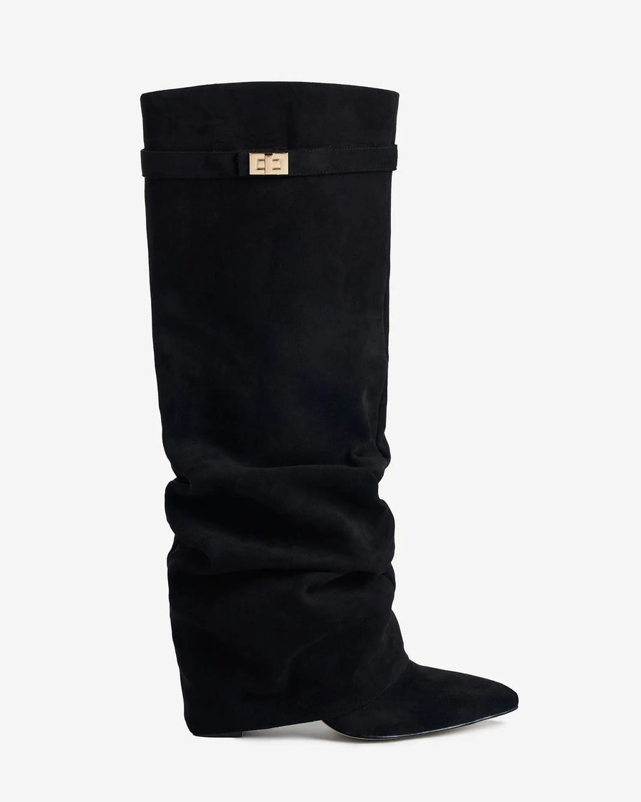 Valeria – Botas altas de ante con hebilla dorada · Negro