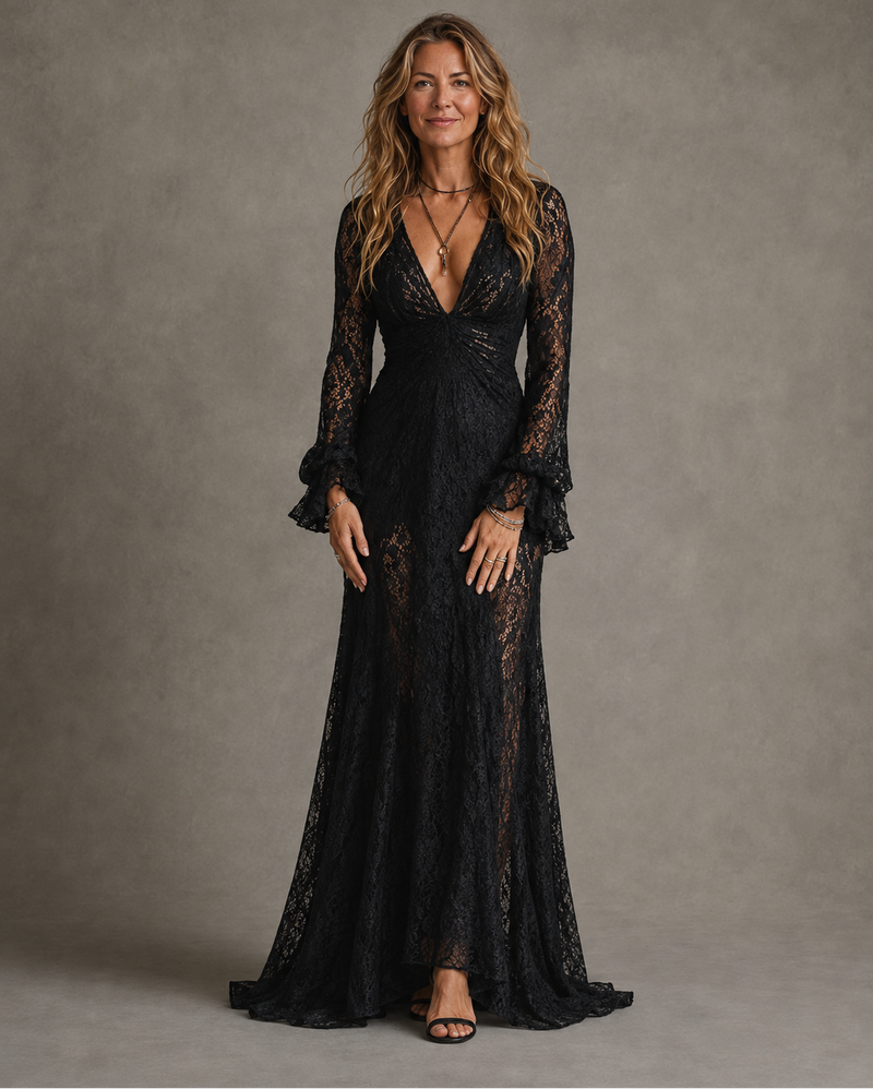 Vestido Largo Charlotte Largo Cuello en V — Teresa Ramírez Moda