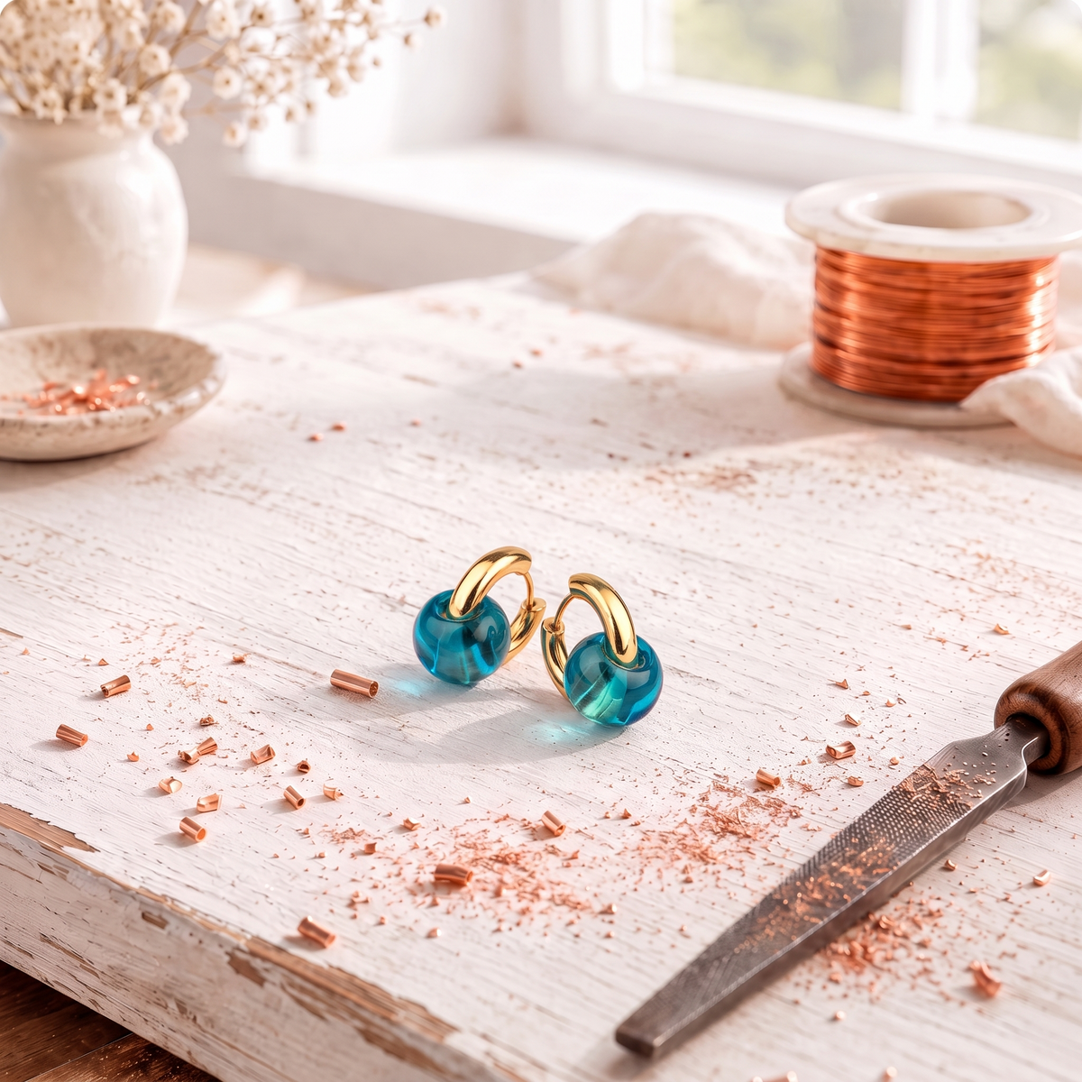Aretes Prisma de Cobre y Cristal — Teresa Ramírez Moda